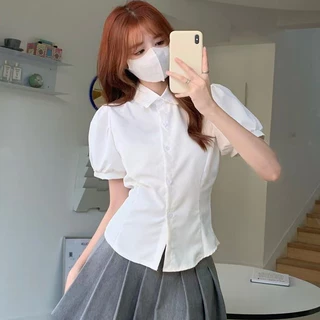 เสื้อเชิ้ตสาวเกาหลีแขนสั้น แขนพอง เสื้อเชิ้ต สีขาว แฟชั่น เสื้อ