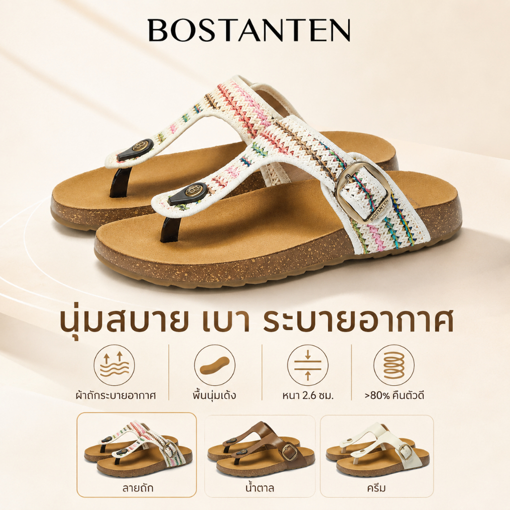 【สินค้าพร้อมส่งจากไทย】BOSTANTEN Gizth Shoes Women รองเท้าแตะแบบคีบ พื้นคอร์ก นุ่มสบาย กันลื่น ใส่ได้ทุกวัน