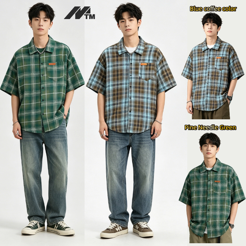 MTM เสื้อเชิ้ตแขนสั้นลายสก๊อตสีเขียวญี่ปุ่นย้อนยุค เสื้อเชิ้ตผู้ชายปกแมนดารินแขนสั้นเนื้อเรียบเข้ารูปใส่สบายต่อต้านริ้วรอยง่าย