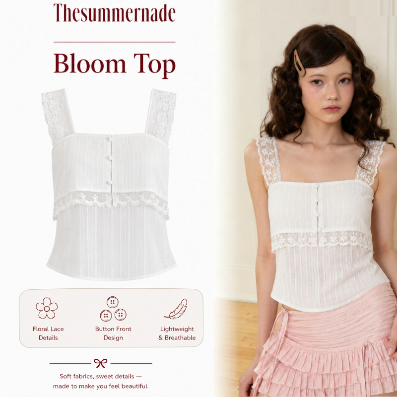 Thesummernade Lace Top เสื้อสายเดี่ยวลูกไม้คอเหลี่ยม ผ้าคอตตอนโปร่งแสง สไตล์ฝรั่งเศสหวาน สไตล์เกาหลี