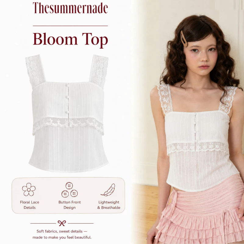 Thesummernade Lace Top เสื้อสายเดี่ยวลูกไม้คอเหลี่ยม ผ้าคอตตอนโปร่งแสง สไตล์ฝรั่งเศสหวาน สไตล์เกาหลี