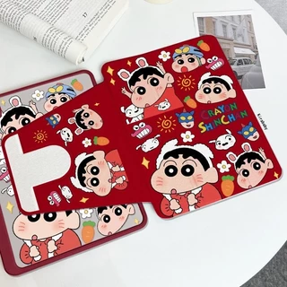 360° ฝาครอบ iPad เครยอนชินจังหมุนได้พร้อมที่วางปากกา, เคสกันกระแทกเต็มตัวสําหรับ iPad ทุกรุ่น, การออกแบบการ์ตูนสีแดง
