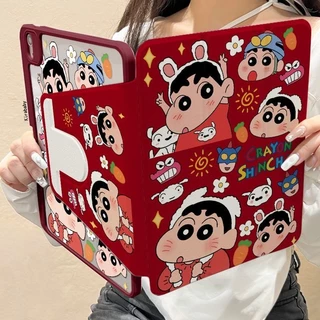 360° ฝาครอบ iPad เครยอนชินจังหมุนได้พร้อมที่วางปากกา, เคสกันกระแทกเต็มตัวสําหรับ iPad ทุกรุ่น, การออกแบบการ์ตูนสีแดง