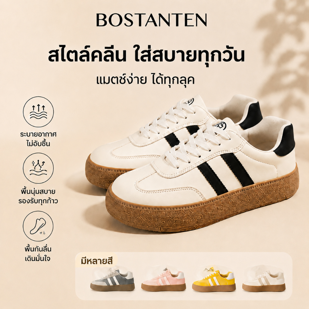 【สินค้าพร้อมส่งจากไทย】BOSTANTEN รองเท้าผ้าใบ GAT สไตล์มินิมอล แพลตฟอร์มเพิ่มความสูง ทรงสวยขาเรียว พื้นนุ่ม ใส่สบาย กันลื่น แมทช์ง่ายทุกลุค