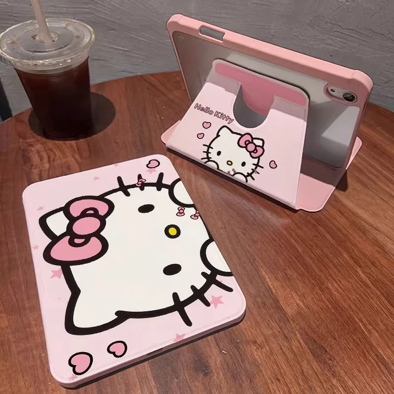 สวัสดี คิตตี้ 360° เคส iPad หมุนได้พร้อมที่วางปากกา เคสกันกระแทกสีชมพูน่ารักสําหรับ iPad Air/Pro/Mini