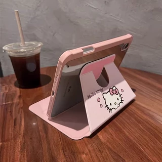 สวัสดี คิตตี้ 360° เคส iPad หมุนได้พร้อมที่วางปากกา เคสกันกระแทกสีชมพูน่ารักสําหรับ iPad Air/Pro/Mini