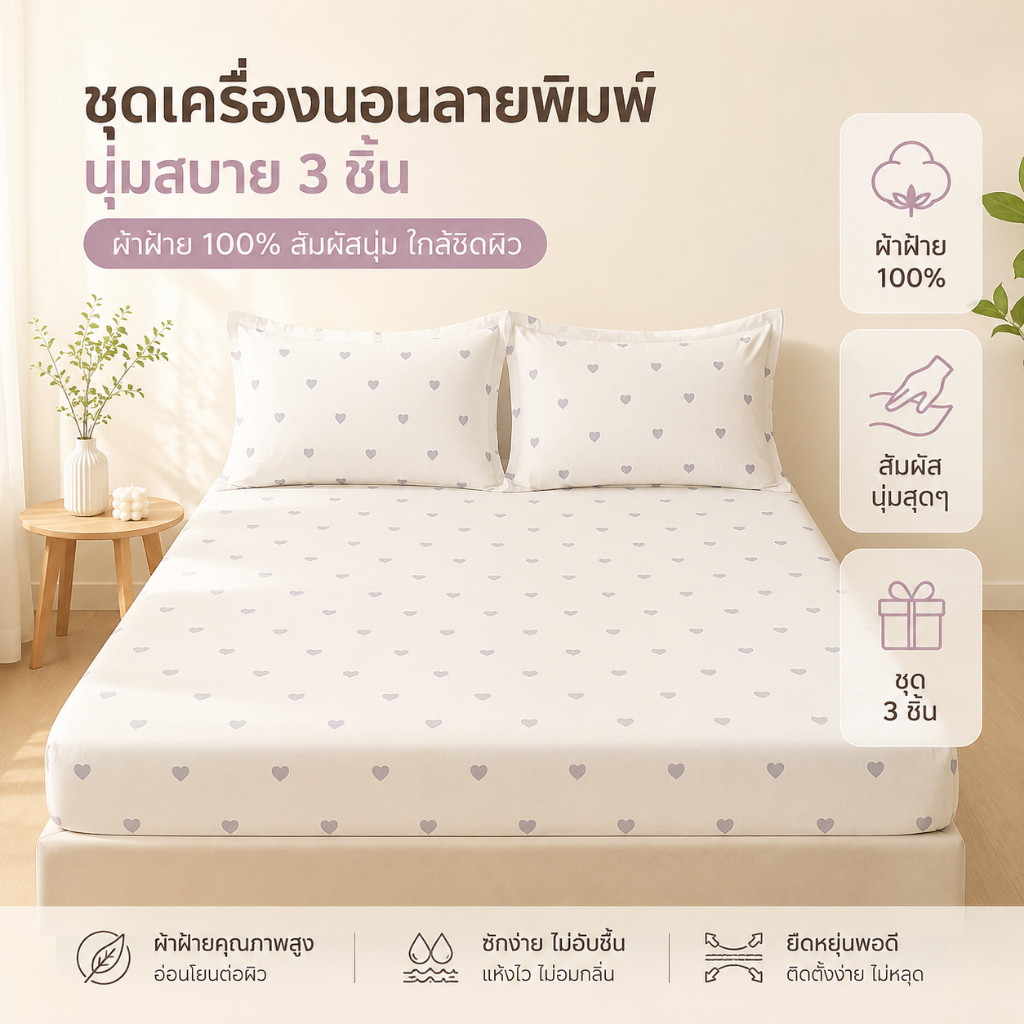 <Ready stock>ผ้าปูเตียงกันลื่น3ชิ้น คอตตอนแท้ ลายหัวใจมินิมอล จัดส่งเร็ว คุ้มค่า เตียง3-6ฟุต หลายลายขายดี