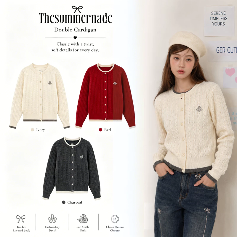 🔥【Flash Sale】 Thesummernade Double Cardigan เสื้อคาร์ดิแกนไหมพรมถักเกลียว กระดุมหน้าใส่เลเยอร์สวย สไตล์เกาหลี