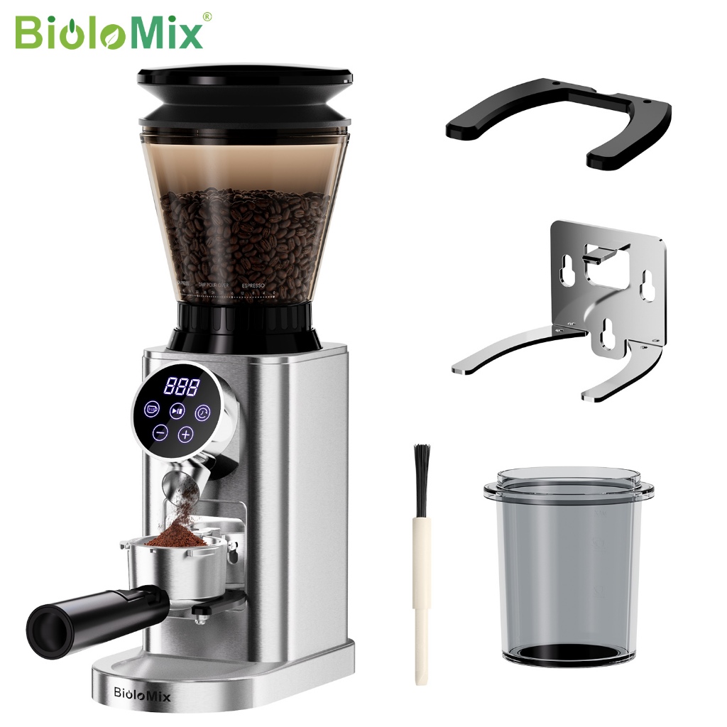 Biolomix ไฟฟ้า Conical Burr เครื่องบดกาแฟสําหรับ 51~58 มม.Portafilter สแตนเลสสตีล 48 การตั้งค่า Grind ที่แม่นยํา,ผู้ถือที่ถอดออกได้สําหรับ Portafilter และคอนเทนเนอร์