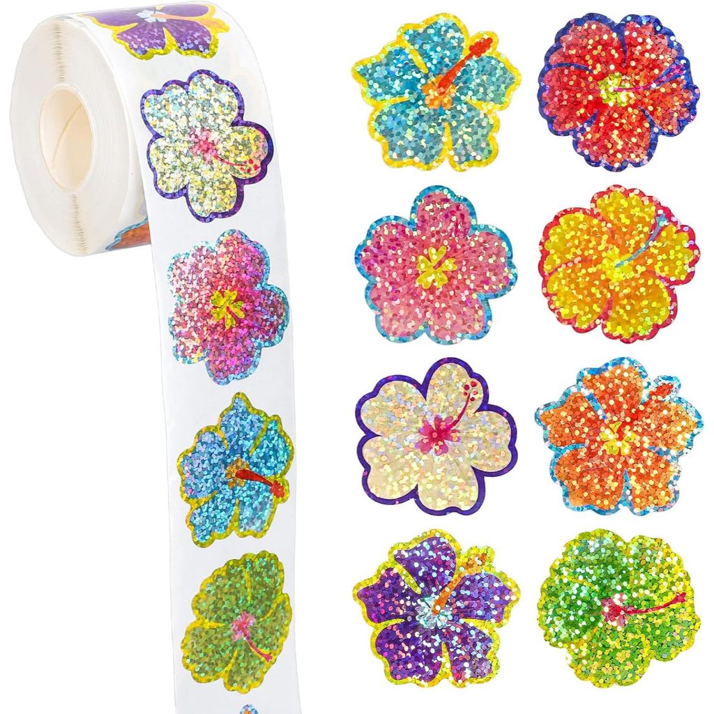 500 ชิ้นฤดูร้อน Tropical สติกเกอร์ดอกไม้ม้วน Holographic Hibiscus ดอกไม้ซีลสีกันน้ํา Self-Adhesive Decals สําหรับซองจดหมาย Journal Decor ฮาวาย Luau วันหยุด
