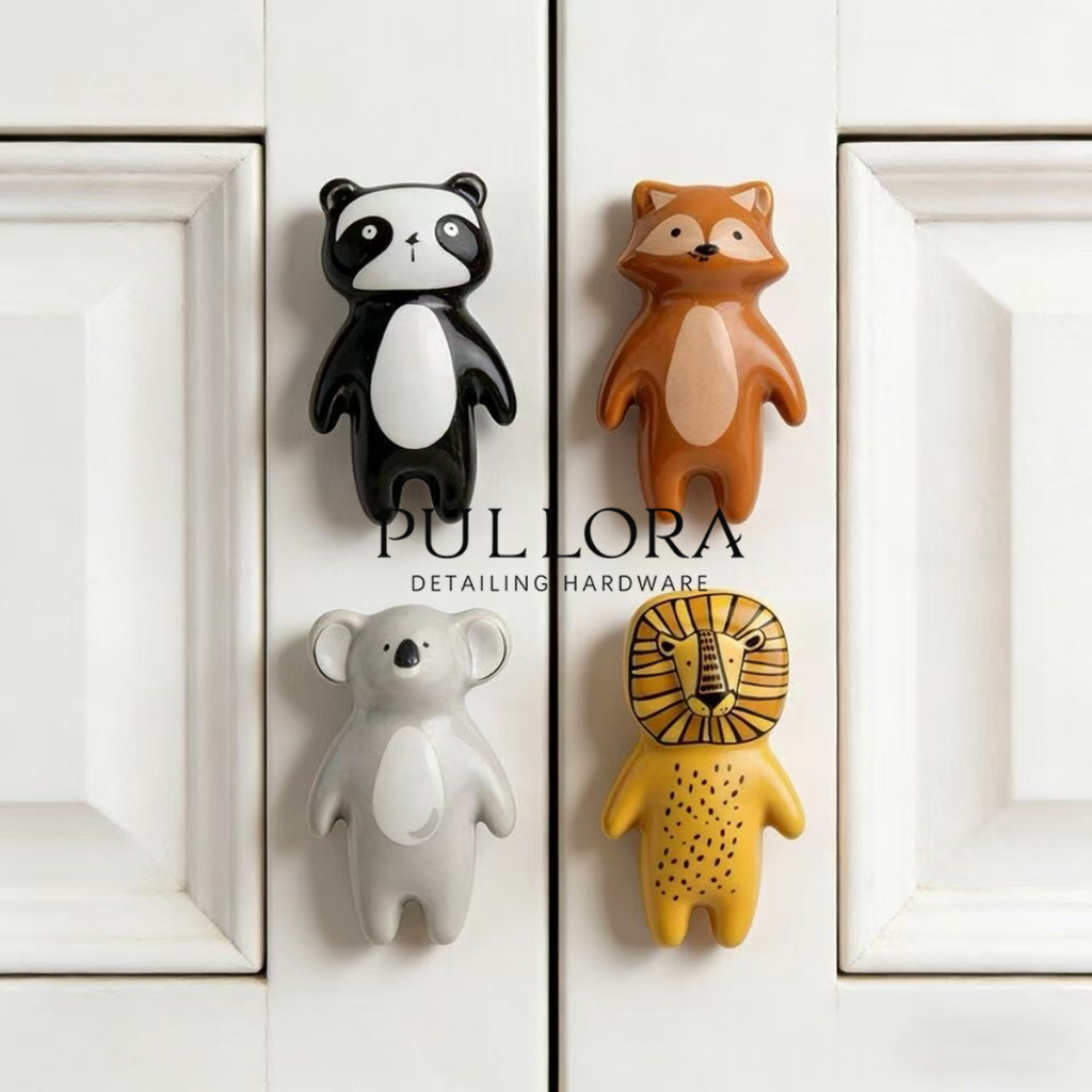 Pullora การ์ตูนสัตว์ตู้ดึง, ปุ่มเซรามิกที่มีสีสันพร้อมฐานทองเหลือง, ที่จับลิ้นชักน่ารักสําหรับเด็กตู้เสื้อผ้า, ตู้ครัว, ตกแต่งแต่งตัวดึง