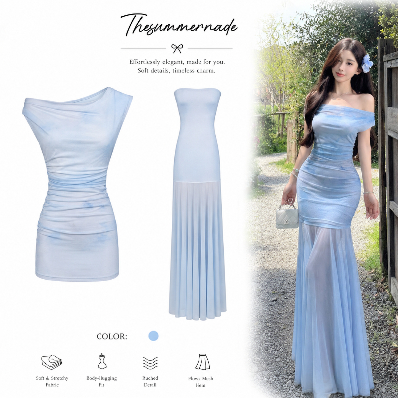 Thesummernade เดรสยาวคอปาดลายย้อมสี ผ้าตาข่ายทรงปลาโลมา ร่องเอวสวยเซ็กซี่สไตล์คาวบอย ไปเที่ยว