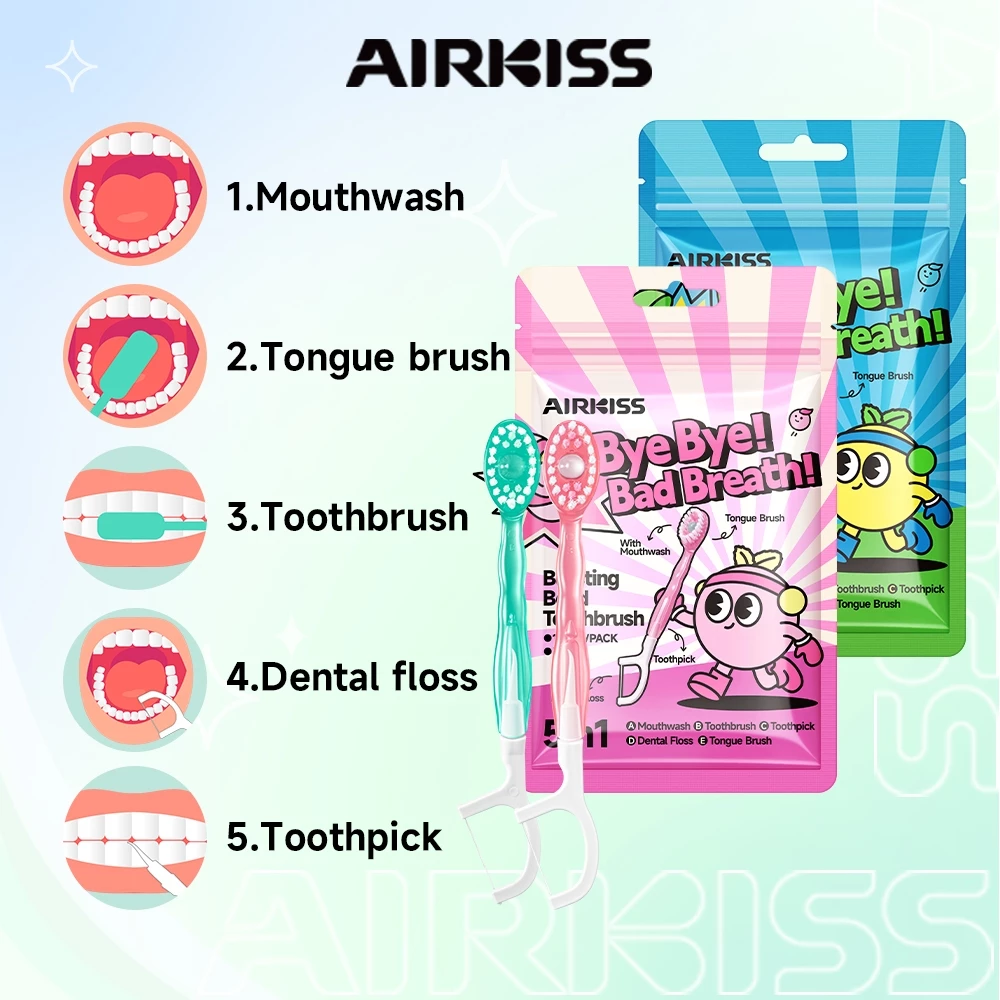 AIRKISS แคปซูลแปรงสีไหมขัดฟัน & แปรงสีฟันและไม้จิ้มฟัน & แปรงลิ้น & น้ํายาบ้วนปาก 5 in1