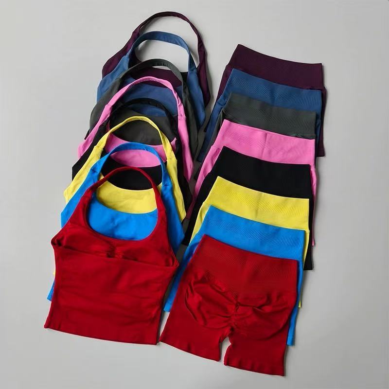 2PCs พีชเอวสูง Belly ยกสะโพกกีฬา Bras กางเกงขาสั้นชุด Gathering Shock-proof คอ Halter ชุดโยคะวิ่งชุดออกกําลังกาย