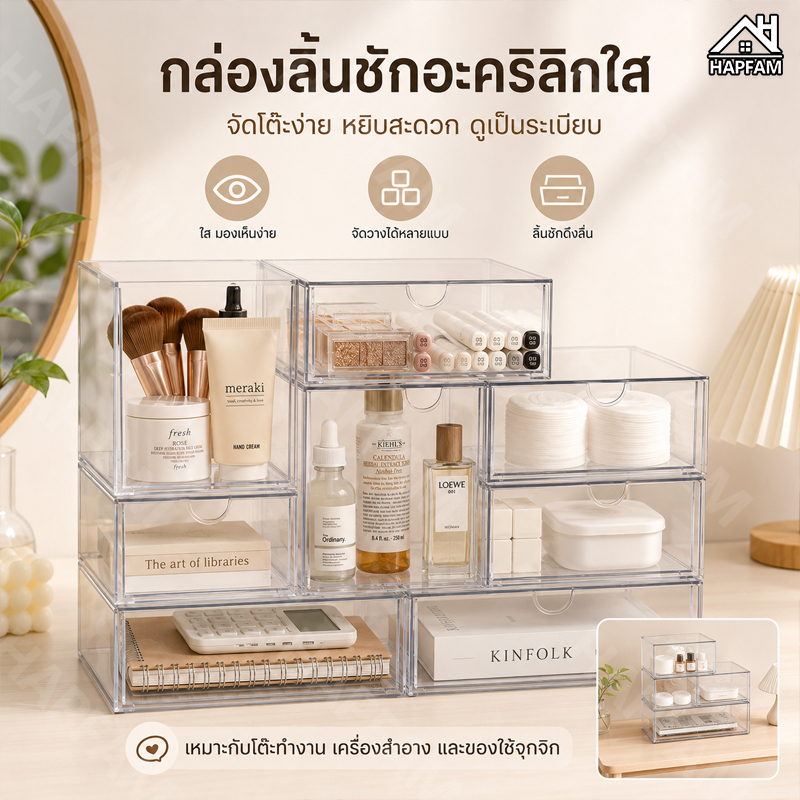 ลิ้นชักตั้งโต๊ะ DIY ลิ้นชักตั้งโต๊ะวางซ้อนกันได้ กล่องเก็บของพลาสติก DIY 23x16.5x10 ซม.