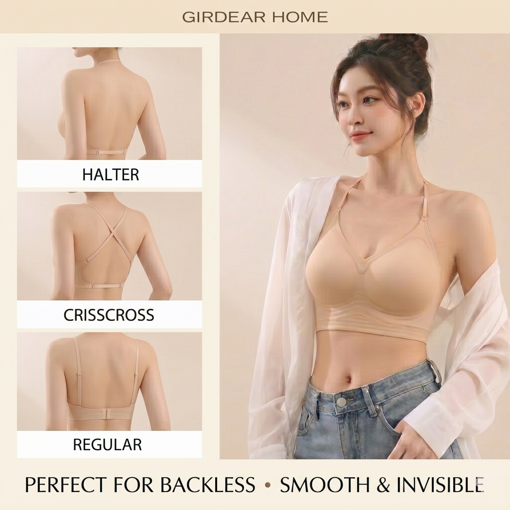 Girdear Home ผู้หญิง Crisscross Backless Halter คอไม่มีรอยต่อที่มองไม่เห็นบางสายรัด One Piece U รูปร