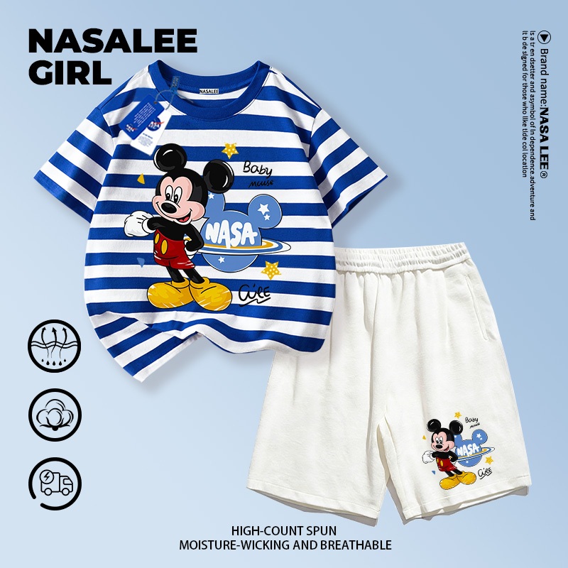 【จัดส่งวันเดียวกัน】ชุดเด็กสองชิ้น (เสื้อแขนสั้น + กางเกงขาสั้น) ผ้าฝ้าย ลายทางสีน้ำเงินและขาว ลายมิกกี้เมาส์น่ารัก เหมาะสำหรับเด็กอายุ 3-16 ปี ทั้งชายและหญิง ใส่สบาย สไตล์ลำลอง