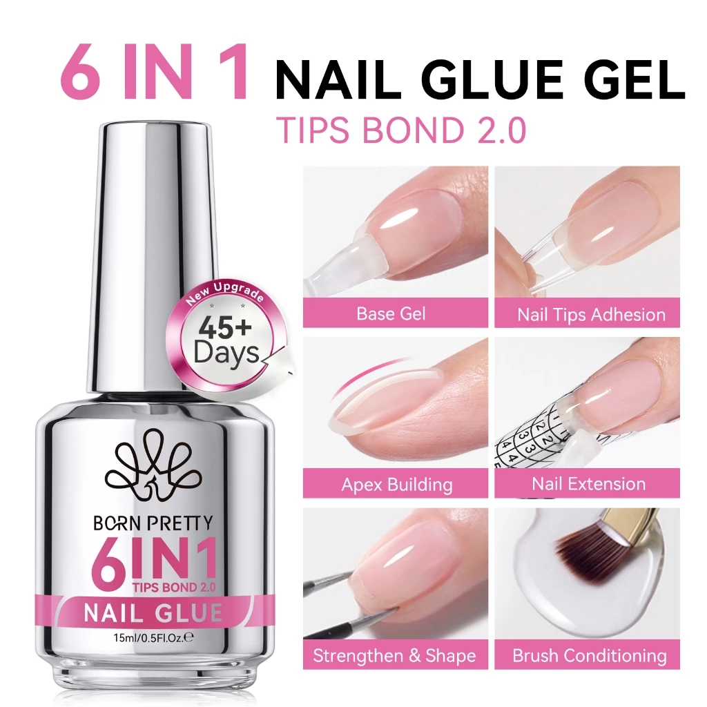 【Local】BORN PRETTY รุ่นอัพเกรดใหม่ 2.0 6-in-1 กาวทาเล็บเจลยาทาเล็บ Strengthener เล็บปลอมเคล็ดลับ Gule ฐานเจล Top Coat Soak Off Nail Art 15ml