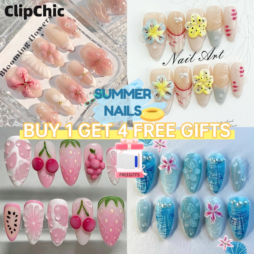 2026 10 ชิ้นฤดูร้อนใหม่ Handmade 3D เล็บปลอม Ocean Shell สวมใส่เล็บ y2k Art เล็บ 4IN1 เครื่องมือของขวัญ