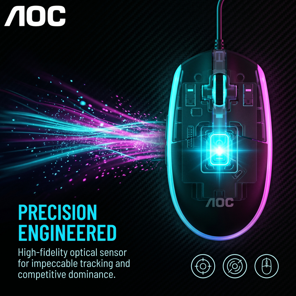 เมาส์เกมมีสาย AOC GM150 เซ็นเซอร์ออปติคอลแม่นยำ ปุ่มตอบสนองดี ดีไซน์ตามหลักสรีรศาสตร์ มีไฟ RGB ใช้งา