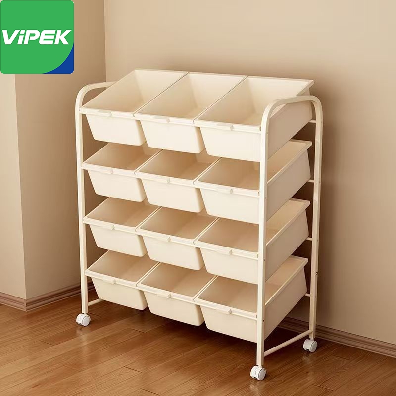 VIPEK ชั้นวางของพลาสติก ชั้นเก็บของเล่นเด็ก ชั้นเก็บของ ชั้นวางของล้อเลื่อน 12 กล่อง ประหยัดพื้นที่