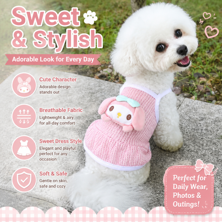 Sanrio ชุดเดรสสุนัขแมว ลายโบว์สก๊อป 3D ใส่สบายฤดูร้อน สำหรับสุนัขเล็ก