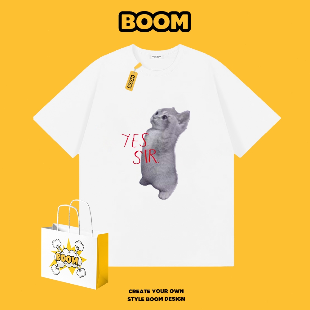 BOOM เสื้อยืดชายหญิงแขนสั้น สีขาว ผ้าฝ้าย 100% เสื้อยืดแขนสั้น ระบายอากาศดี เหมาะสำหรับเยาวชน