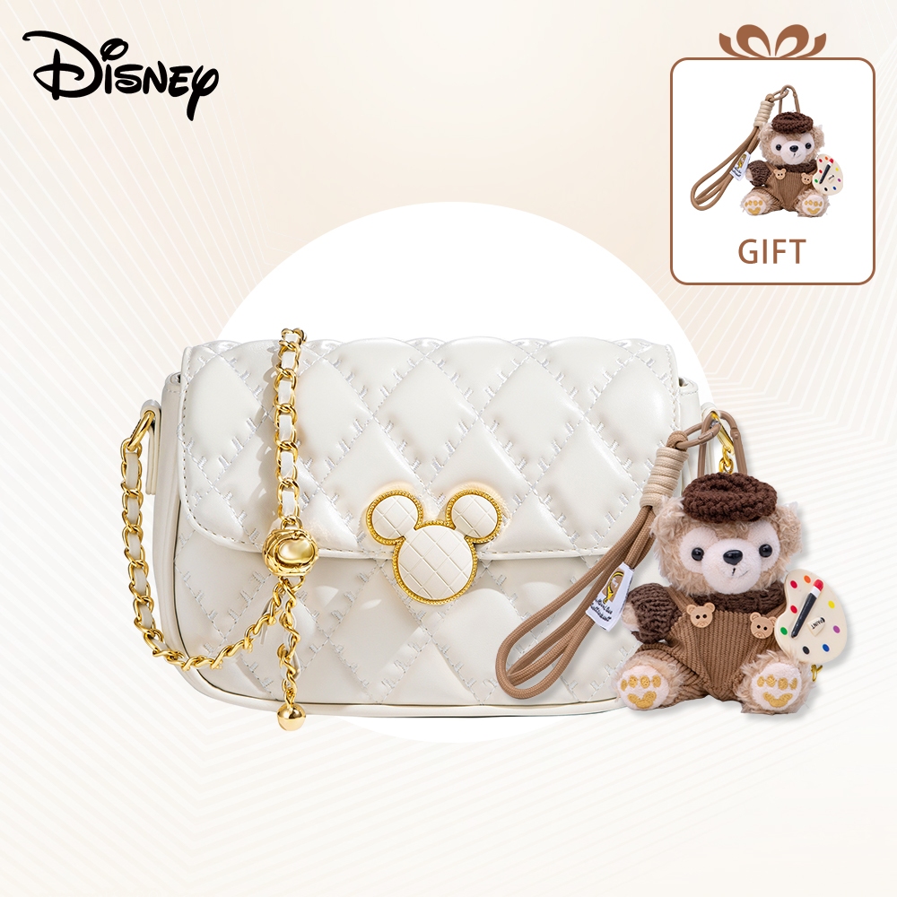Disney Mickey Mouse Quilted กระเป๋าสะพายข้าง - กระเป๋าสะพายสายโซ่หนังหรูหราสำหรับผู้หญิงน่ารัก Disney กระเป๋าถือหัวเข็มขัดโลหะ