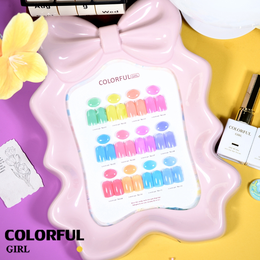สินค้าขายดี | 【พร้อมส่ง】COLORFUL GIRL สีเจลไซรัป โทนเบบี้นมใส เนื้อนมละมุน กึ่งโปร่งแสง สีชัดสวย 12 สี (ทามาให้แล้ว พร้อมใช้งาน) ชาร์ตสีเจลสำหรับร้านทำเล็บ