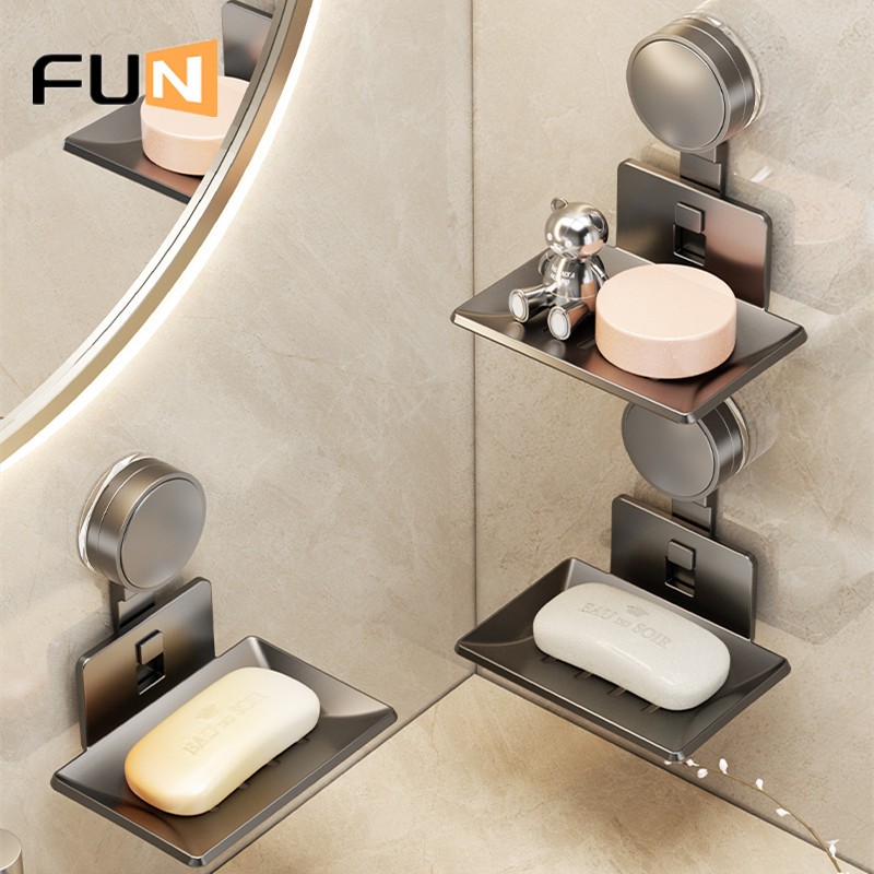【FUN】กล่องใส่สบู่ ห้องน้ําสบู่โฮดเลอร์ พื้นที่วัสดุอลูมิเนียมถ้วยดูดเล็บติดตั้งฟรี