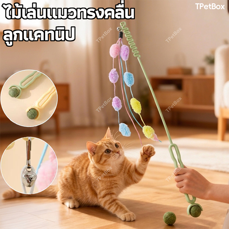 พร้อมส่ง! ไม้ตกแมวยาวพิเศษ มีขนนกและพู่ แก้เบื่อ ทนทาน เหมาะกับลูกแมว ช่วยขัดฟันและกระตุ้นการล่า
