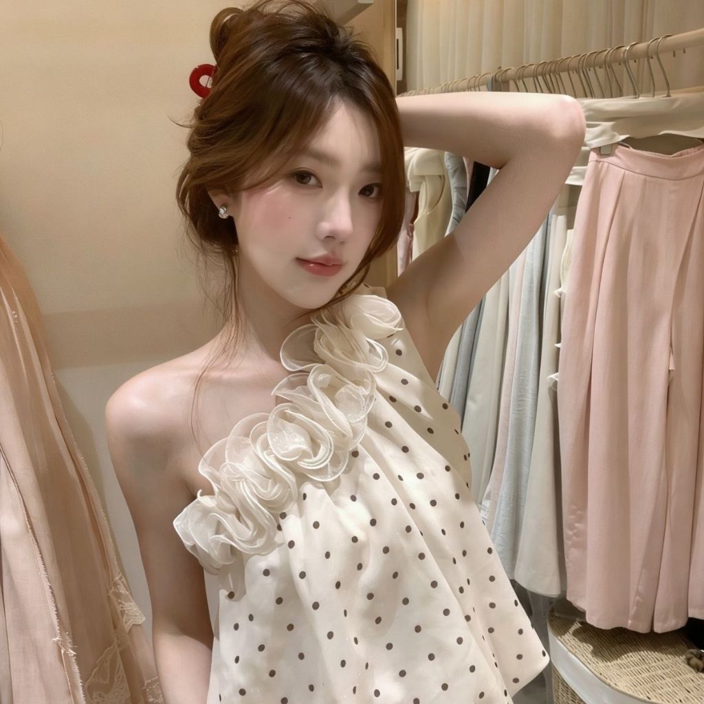 [PENNY HARPER] French Polka Dot One Shoulder Ruffle Top ผู้หญิงฤดูร้อนหวานและเผ็ดออกแบบ Camisole