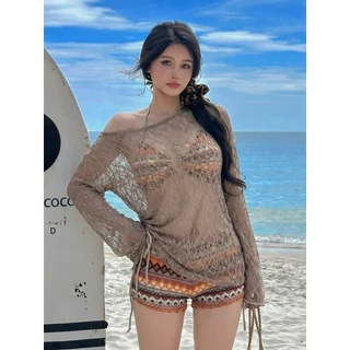 Fashion-Time สาวอ้วนชุดว่ายน้ําถักบิกินี่ชุดสามชิ้นสุภาพสตรีชุดว่ายน้ําสีน้ําตาลSlim-Fit Slimmerดูผ้านุ่ม#KJS244