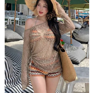 Fashion-Time สาวอ้วนชุดว่ายน้ําถักบิกินี่ชุดสามชิ้นสุภาพสตรีชุดว่ายน้ําสีน้ําตาลSlim-Fit Slimmerดูผ้านุ่ม#KJS244