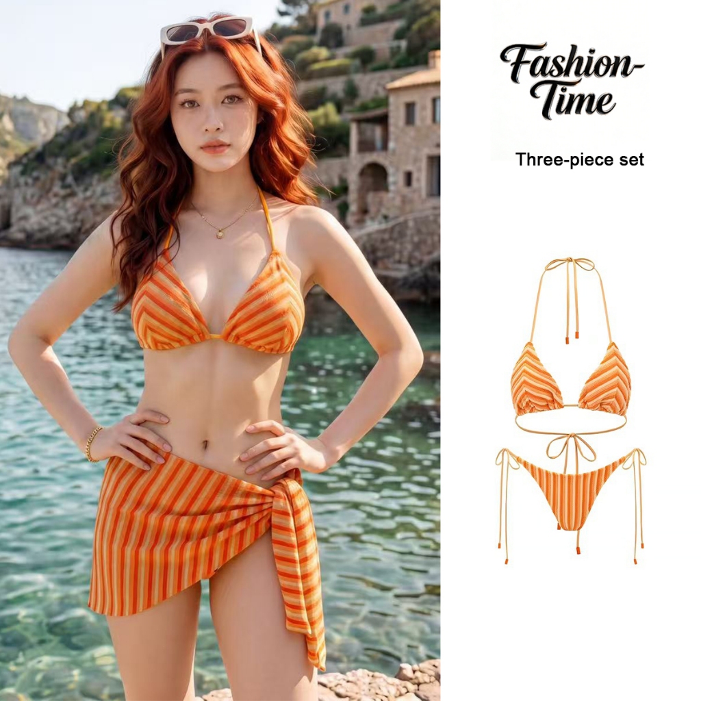 Fashion-Time บิกินี่ 3 ชิ้น ระลอกคลื่น ชุดว่ายน้ำสตรี ดีไซน์สายเดี่ยว เปลือยหลังสุดเซ็กซี่ สีสันสดใส ใส่ไปทะเล#KJS243
