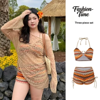Fashion-Time สาวอ้วนชุดว่ายน้ําถักบิกินี่ชุดสามชิ้นสุภาพสตรีชุดว่ายน้ําสีน้ําตาลSlim-Fit Slimmerดูผ้านุ่ม#KJS244
