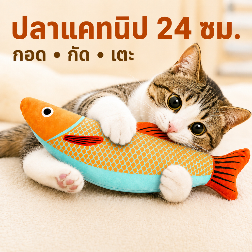 ของเล่นแมว ปลาแคทนิป 24 ซม. มีเสียงในตัว ตุ๊กตาปลาผ้านุ่ม สำหรับกัดเล่น กอดเตะ