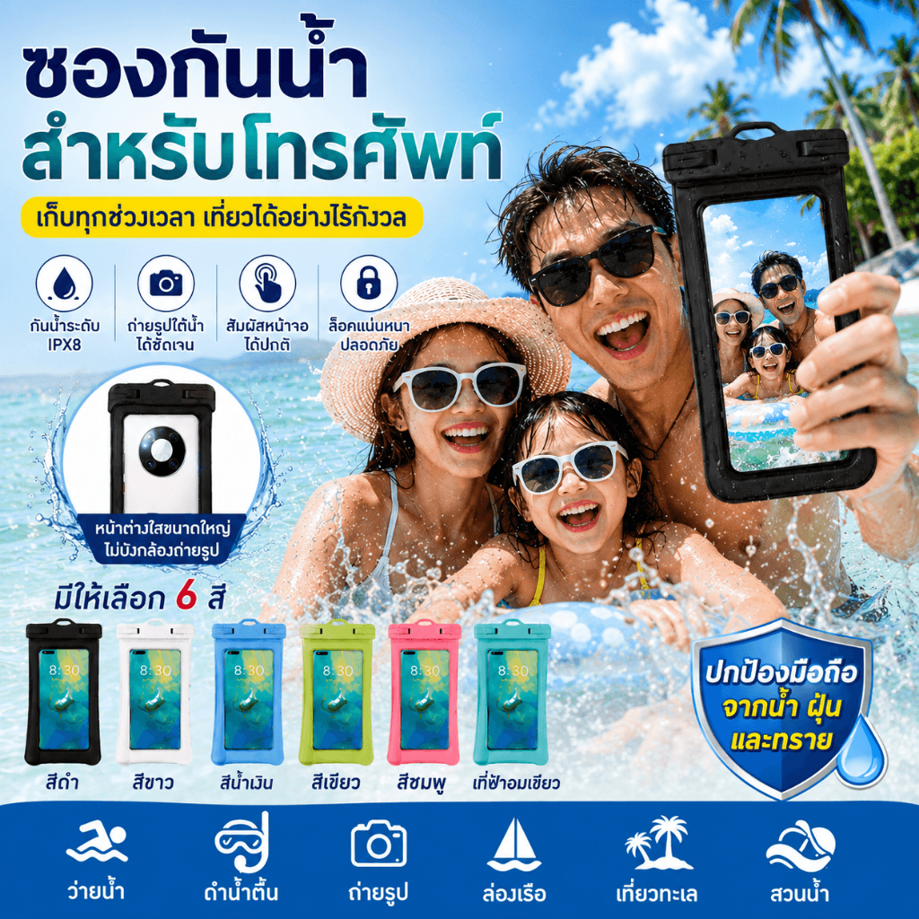 DENNISECO ซองกันน้ำมือถือ IPX8 ถุงกันน้ำโทรศัพท์ หน้าจอสัมผัสได้ ถ่ายรูปใต้น้ำได้ สำหรับเที่ยวทะเล ว่าย ดำ ล่องแก่ง ใช้ได้กับมือถือสูงสุด 7.2 นิ้ว