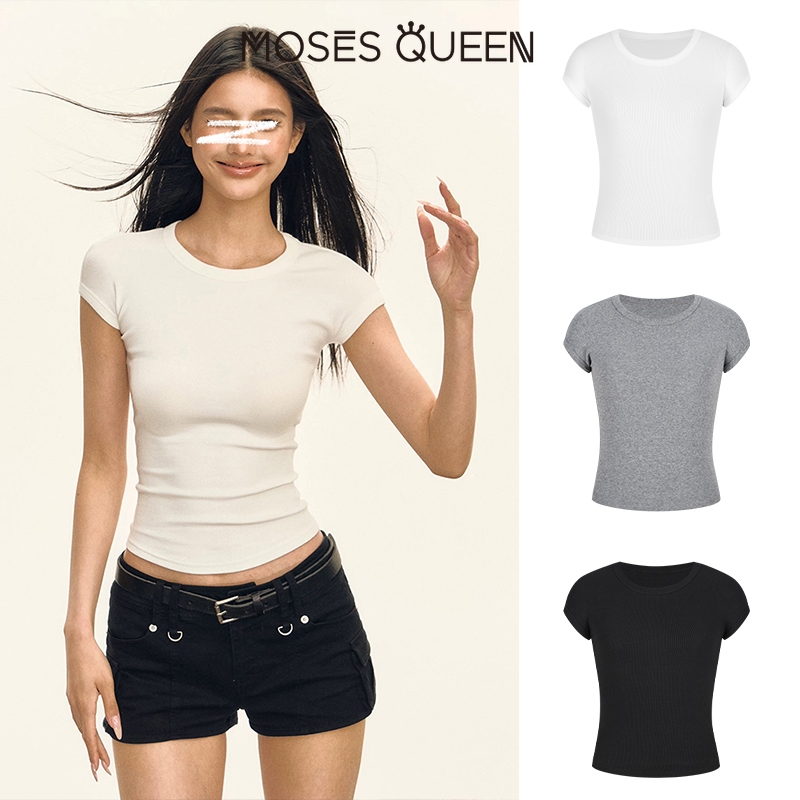 MOSESQUEEN เสื้อยืดสีทึบ คอกลมคลาสสิค ทรงสลิมฟิต | 2025 Summer Spice Collection #62897