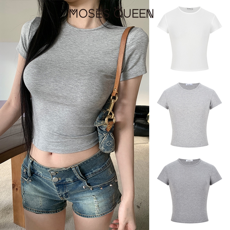 MOSESQUEEN อเมริกันแน่นรอบคอแขนสั้นเสื้อยืดผู้หญิงฤดูร้อนSlim อเนกประสงค์.Bottomingเสื้อสายป๊อบเปิดหน้าท้อง #62846