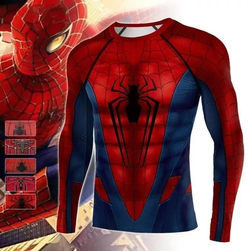 เสื้อรัดกล้ามเนื้อผู้ชายสไปเดอร์แมน,เสื้อยืดยิมแขนยาวพิมพ์ลาย 3 มิติ,เสื้อออกกําลังกายซูเปอร์ฮีโร่แห้งเร็ว