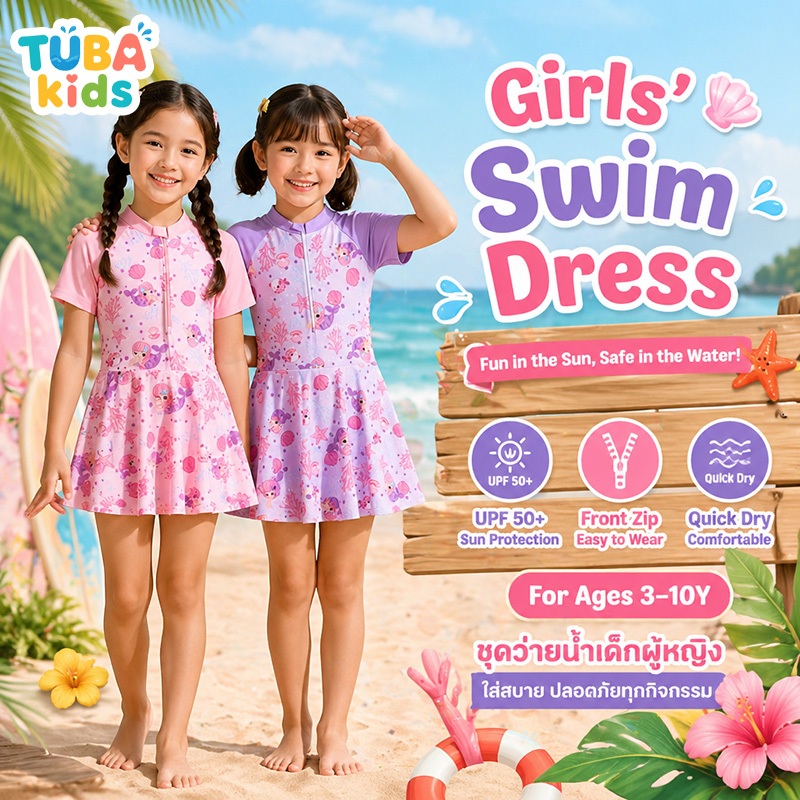 【ส่งด่วน】📢🏊‍♂️ ชุดว่ายน้ําเด็กผู้หญิง 3-10Y ชุดว่ายน้ําวันพีซกันแดดพร้อมซิปสําหรับเด็กผู้หญิง