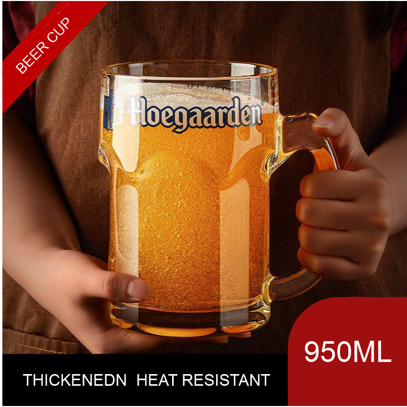950ML ถ้วยเบียร์ขนาดใหญ่หนาทนความร้อนแก้วไวน์ Whit Handle แก้วใหญ่