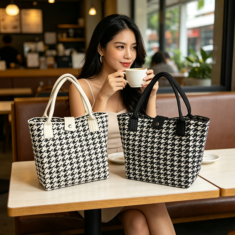 Houndstooth กระเป๋าถือถักขนาดใหญ่ ความจุเยอะ สไตล์ Casual Commute แบบพกพา Tote แฟชั่นเกาหลีญี่ปุ่น สําหรับสุภาพสตรี