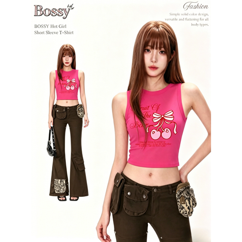 BOSSY เสื้อกล้ามสไตล์อเมริกันวินเทจ ลายตัวอักษรลูกเชอร์รี่ สไตล์สาวแซ่บ ผ้าฝ้าย 100%#C+2098