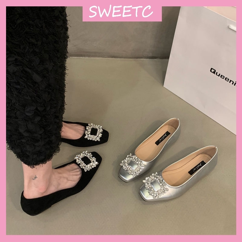 รองเท้าสําหรับผู้หญิงแฟชั่นสแควร์ Toe Rhinestone Square Buckle Soft Sole Flats