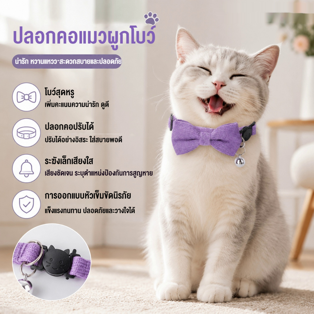 ปลอกคอแมวโบว์ใหม่ พร้อมกระดิ่ง ปลอดภัยปรับได้ ป้องกันการหายใจ สำหรับสัตว์เลี้ยง