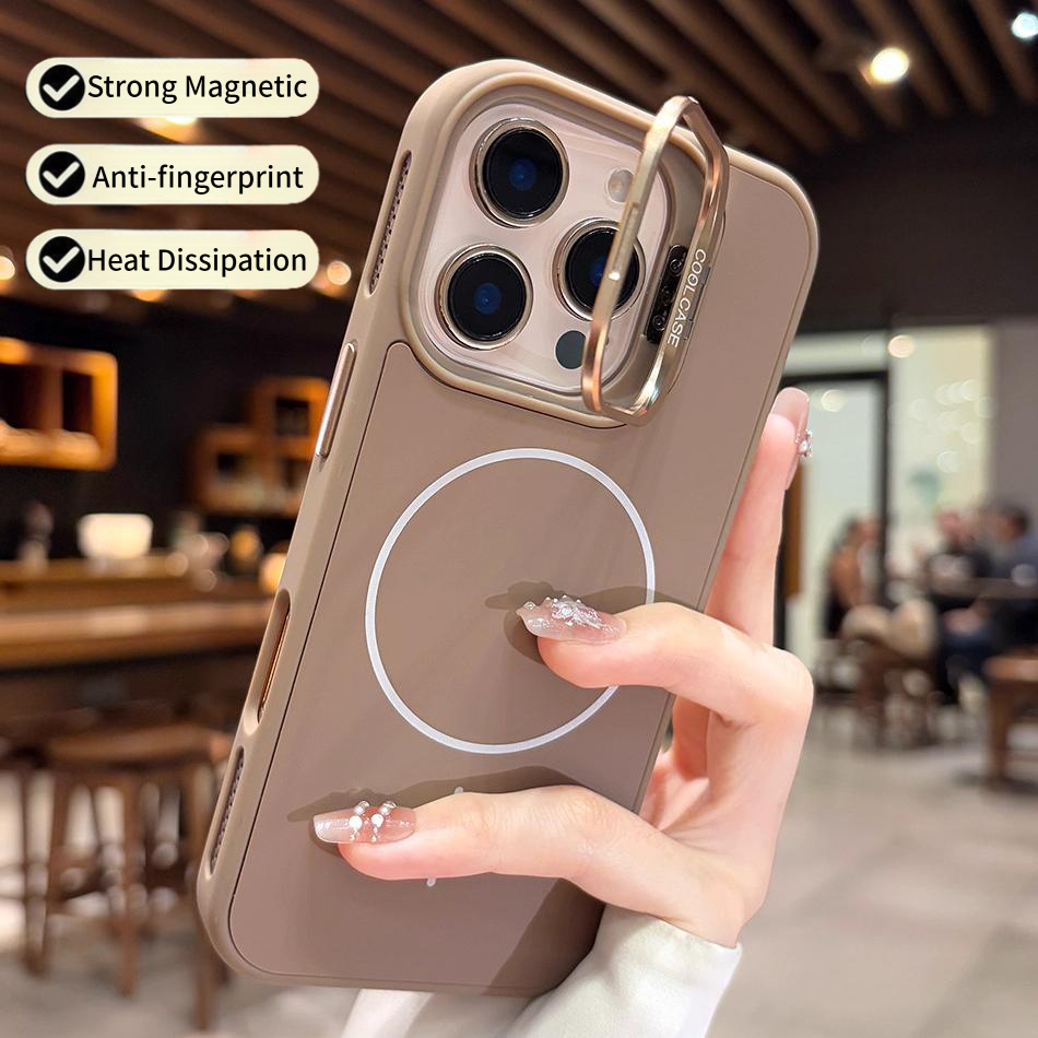 Heat Dissipation Strong Magnetic Anti-fingerprint พร้อมขาตั้งโลหะเคสโทรศัพท์สําหรับ iPhone 17 16 15 14 13 12 Pro Max Plus Air