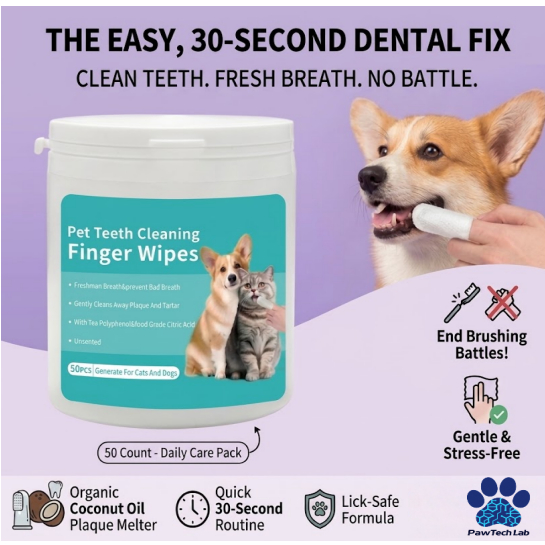 [PawTech Lab] ปลอกนิ้วเช็ดฟันแมว สุนัข (50 ชิ้น) ผ้าเช็ดฟันสัตว์เลี้ยง ลดกลิ่นปาก ขจัดหินปูน ออร์แกนิก ไม่ต้องแปรง