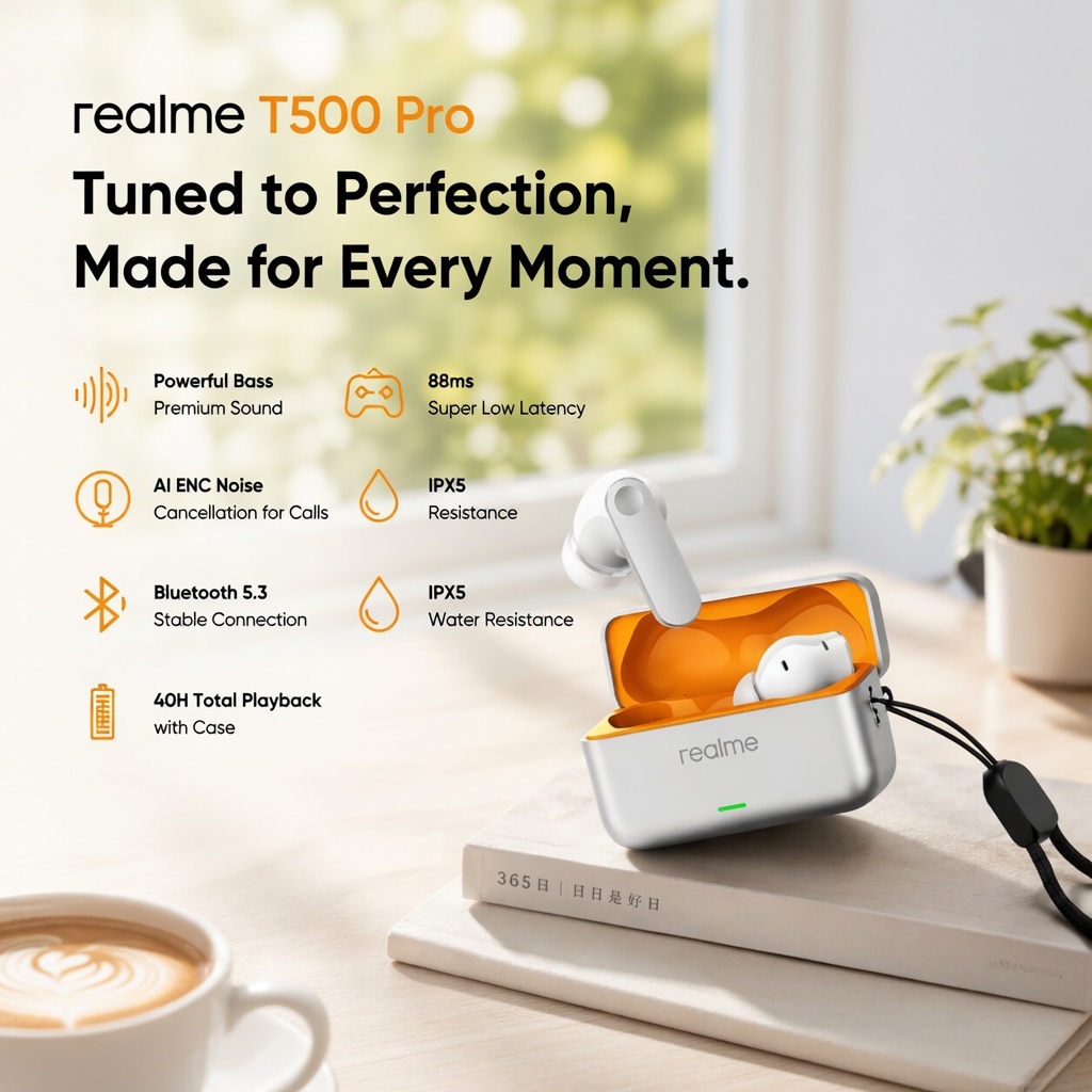 Realme T500 Pro หูฟัง ANC 50dB เสียงความละเอียดสูง LHDC 5.0 บลูทูธ 6.1 56H แบตเตอรี่สําหรับเล่นเกม L